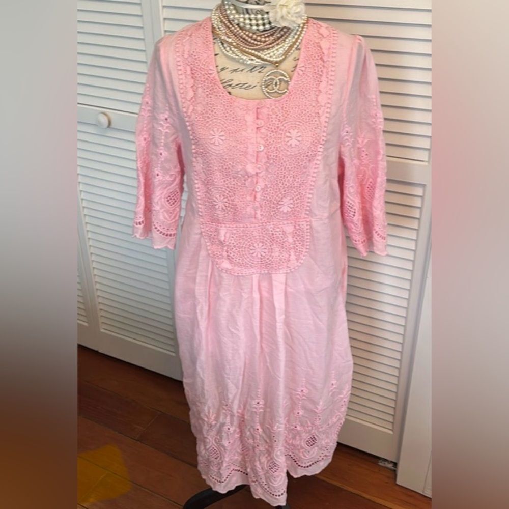 Roaman's Cottagecore Coastal 100% Cotton Pastel Pink Dress
